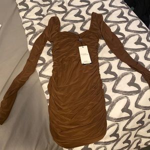 Unworn ruched brown mini dress